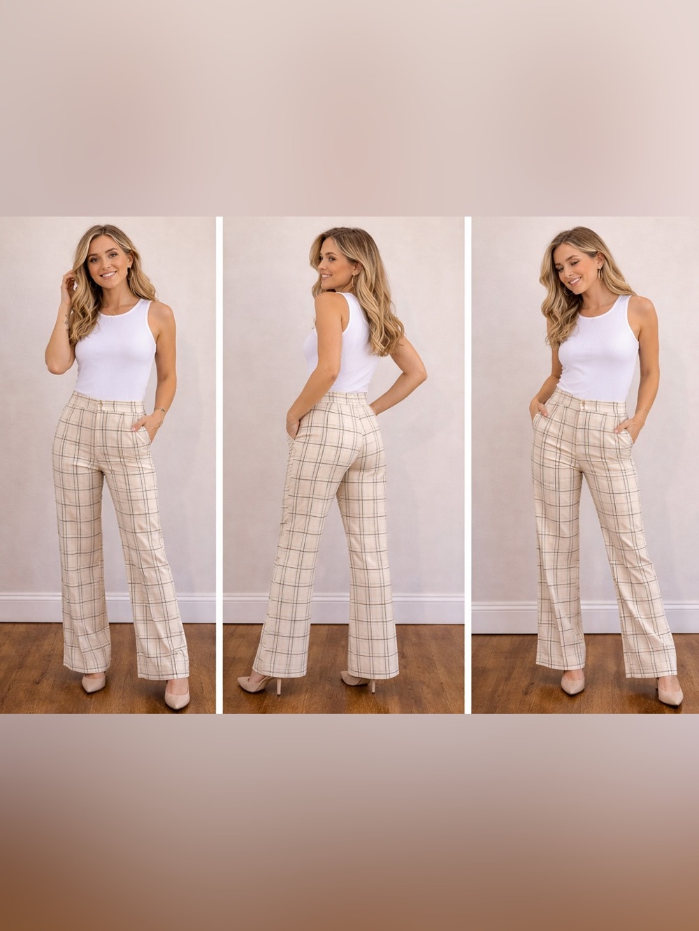 High-Rise Plaid Wide-Leg Pants - Cream